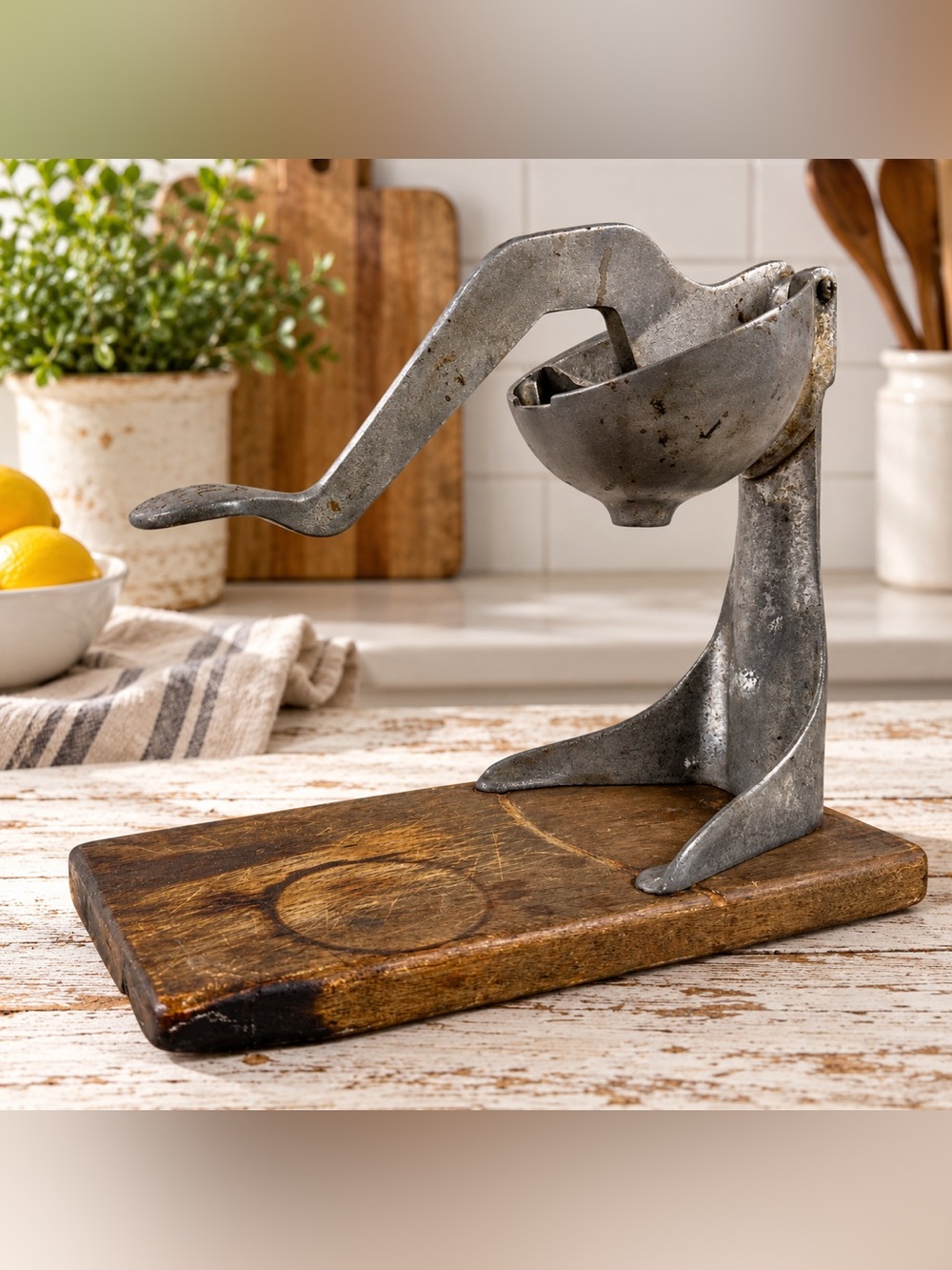 Antique Press-Or Midget Citrus Juicer Hand Press Wood Base 1920s Kitchen Tool